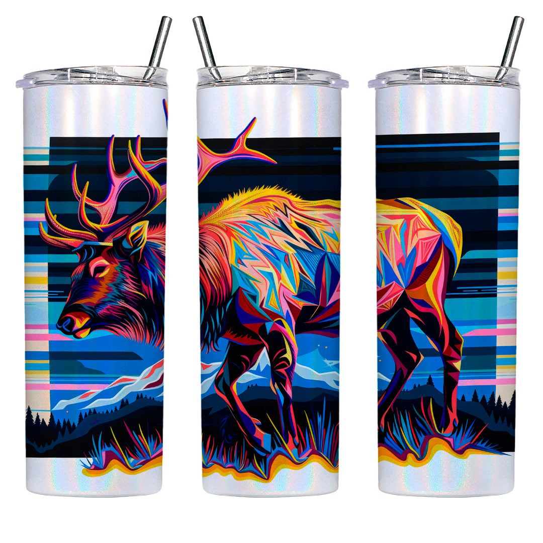 This 20oz stainless steel shimmer tumbler with a metal straw shows an image from three sides of the vessel. The art is a colorful geometric elk with mountains and vibrant colors in the background.