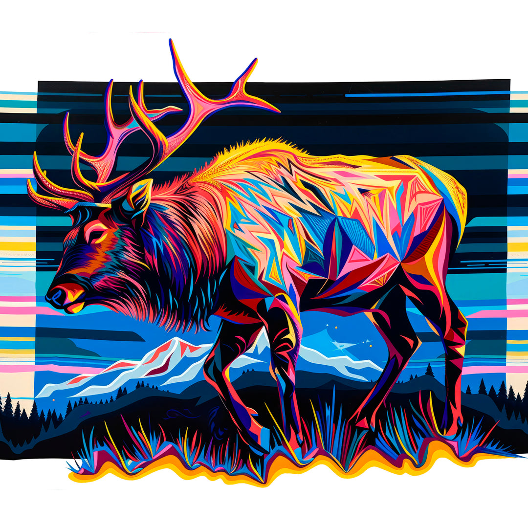 The art for a 20oz stainless steel shimmer tumbler with a metal straw--a colorful geometric elk with mountains and vibrant colors in the background. Design created and printed on the tumbler in Montana, USA by Blue Peak Creative.
