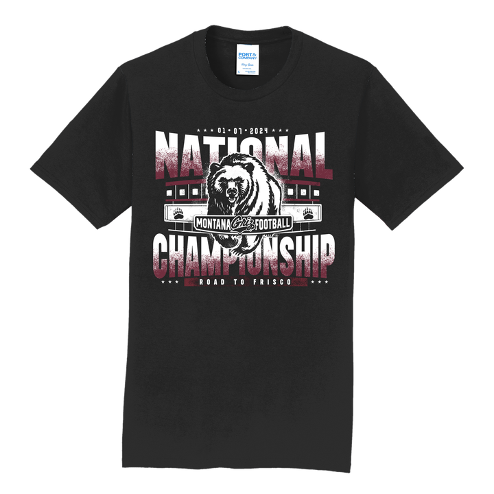 Black Frisco Bound - UM Grizzlies National Championship Shirt made in Missoula, MT (home of the UM Grizzlies) by Blue Peak Creative—a black short-sleeved t-shirt with 'National Championship' text and a bear graphic, commemorating the 2023 Championship game.