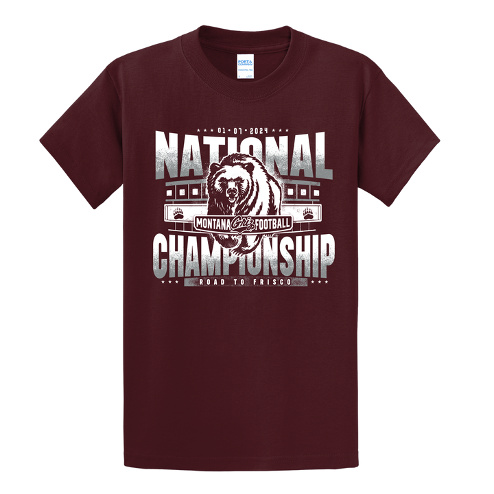 Maroon Frisco Bound - UM Grizzlies National Championship Shirt made in Missoula, MT (home of the UM Grizzlies) by Blue Peak Creative—a maroon short-sleeved t-shirt with 'National Championship' text and a bear graphic, commemorating the 2023 Championship game.