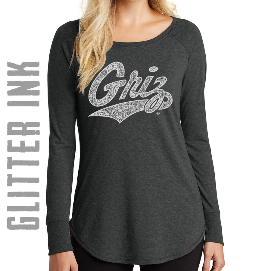 Black Glitter Paisley Griz Script - Ladies' Tunic T-shirt made in Missoula, MT (home of the UM Grizzlies) by Blue Peak Creative—a black long-sleeve tunic printed with the Glitter Paisley Griz Script design in glitter grey.