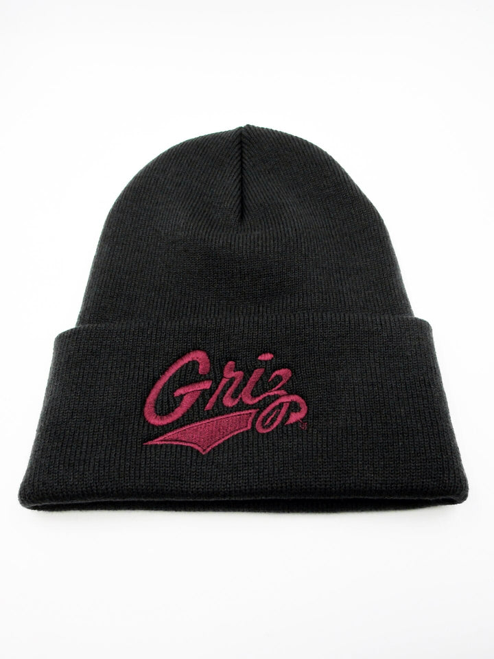Black Griz Script Embroidered Knit Beanie made in Missoula, MT (home of the UM Grizzlies) by Blue Peak Creative—a black folded knit beanie embroidered with the University of Montana Griz script in maroon