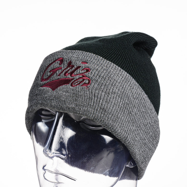 Black & Grey Griz Script Embroidered Knit Beanie made in Missoula, MT (home of the UM Grizzlies) by Blue Peak Creative—a black & grey folded knit beanie embroidered with the University of Montana Griz script in maroon