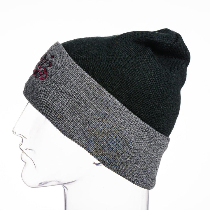 Black & Grey Griz Script Embroidered Knit Beanie made in Missoula, MT (home of the UM Grizzlies) by Blue Peak Creative—a black & grey folded knit beanie embroidered with the University of Montana Griz script in maroon, side