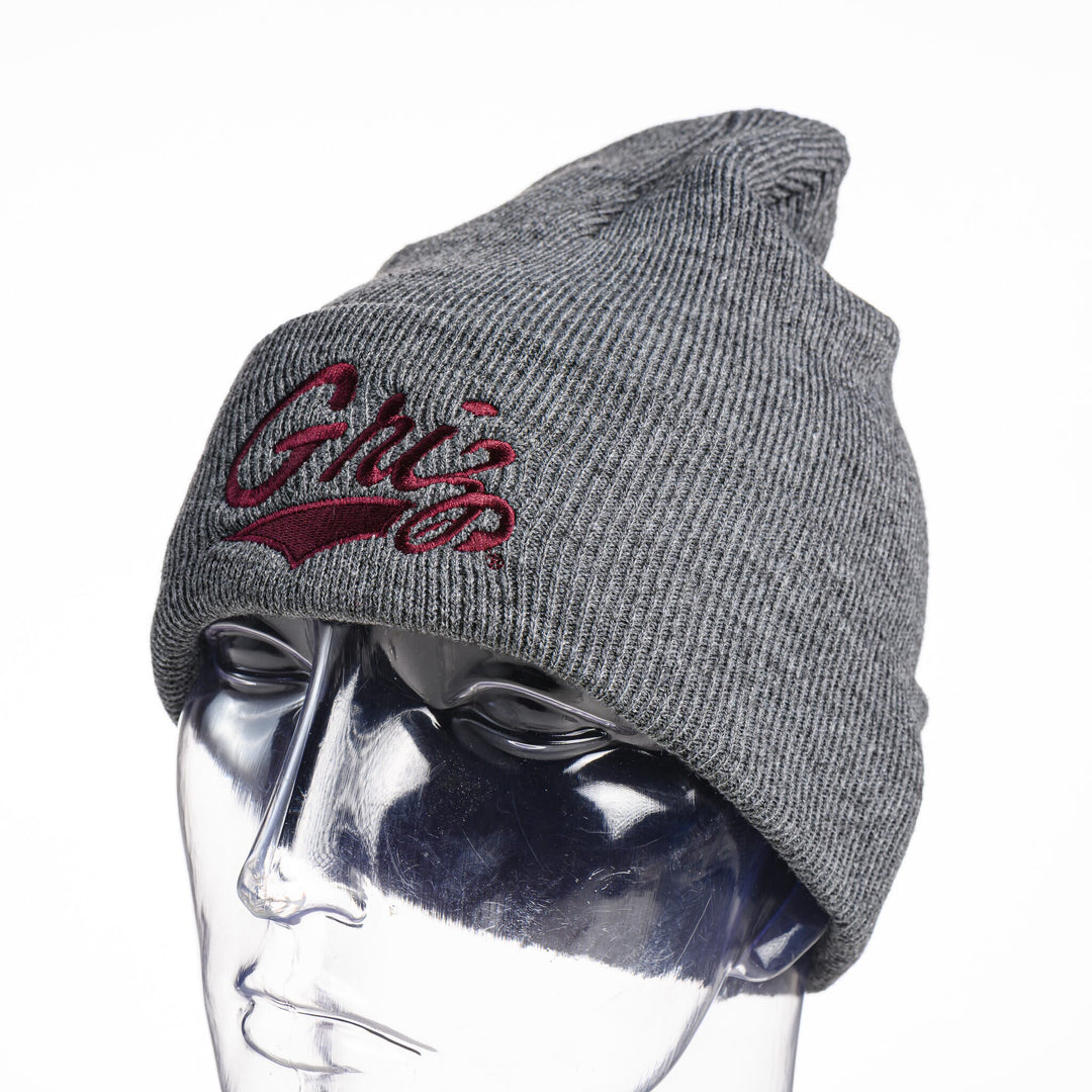 Grey Griz Script Embroidered Knit Beanie made in Missoula, MT (home of the UM Grizzlies) by Blue Peak Creative—a grey folded knit beanie embroidered with the University of Montana Griz script in maroon