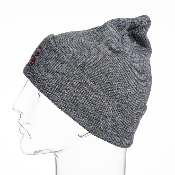 Grey Griz Script Embroidered Knit Beanie made in Missoula, MT (home of the UM Grizzlies) by Blue Peak Creative—a grey folded knit beanie embroidered with the University of Montana Griz script in maroon, side