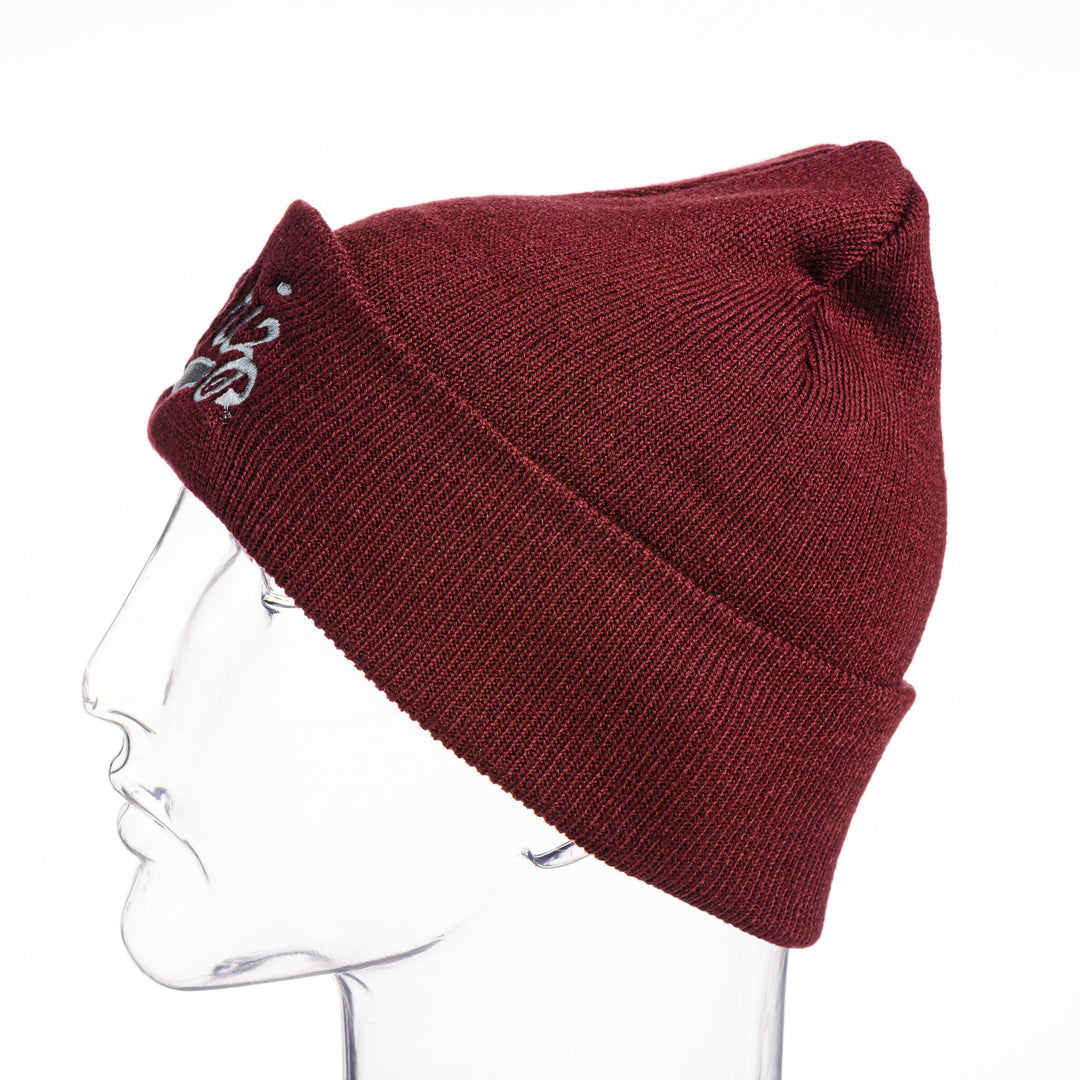 Maroon Griz Script Embroidered Knit Beanie made in Missoula, MT (home of the UM Grizzlies) by Blue Peak Creative—a maroon folded knit beanie embroidered with the University of Montana Griz script in silver, side