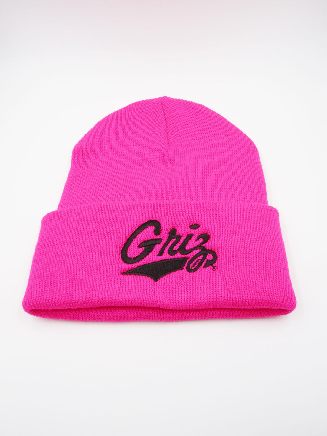 Pink Griz Script Embroidered Knit Beanie made in Missoula, MT (home of the UM Grizzlies) by Blue Peak Creative—a pink folded knit beanie embroidered with the University of Montana Griz script in maroon