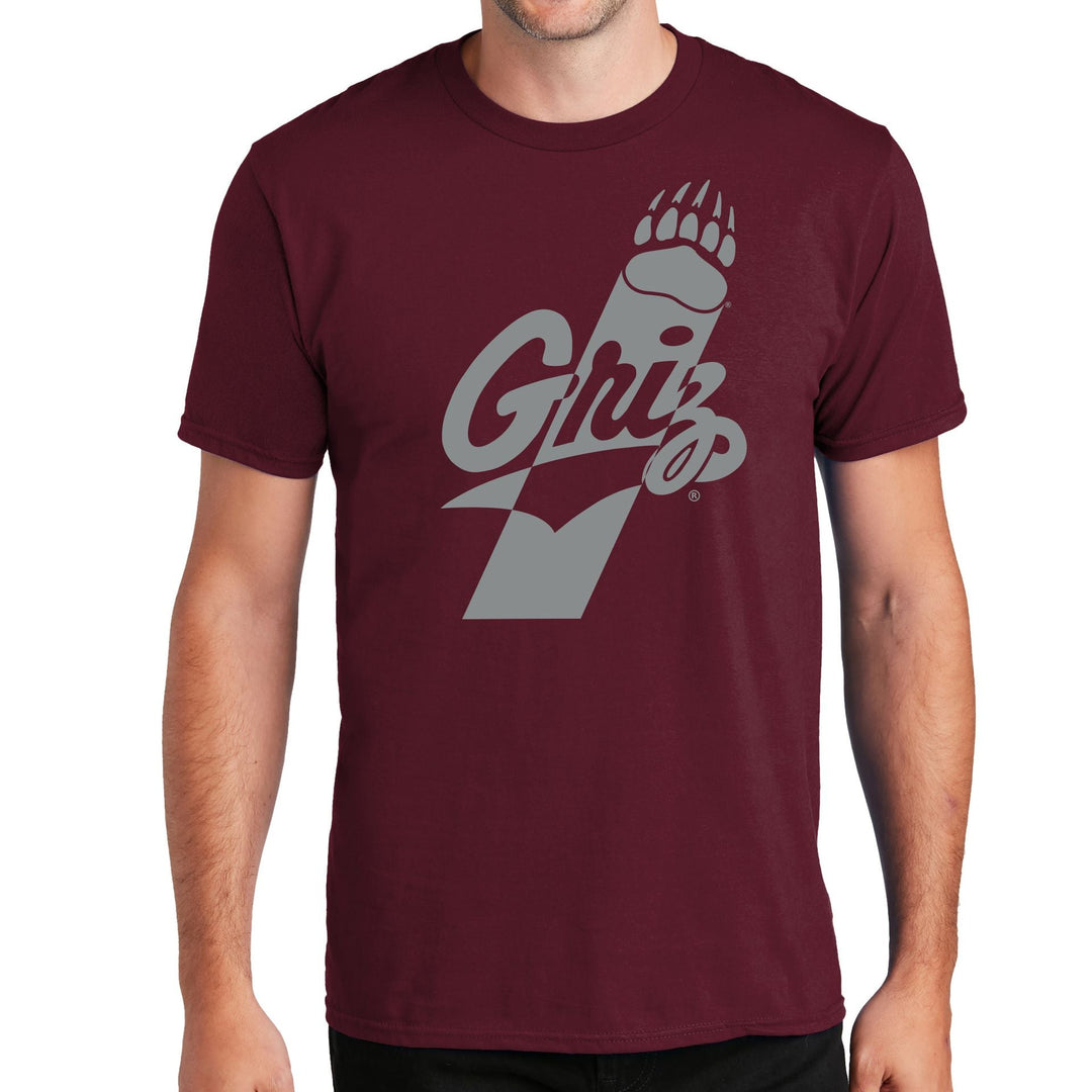 Maroon Griz Stripe Paw - Cotton Tee made in Missoula, MT (home of the UM Grizzlies) by Blue Peak Creative—a maroon cotton tee printed with the silver Griz strip paw design