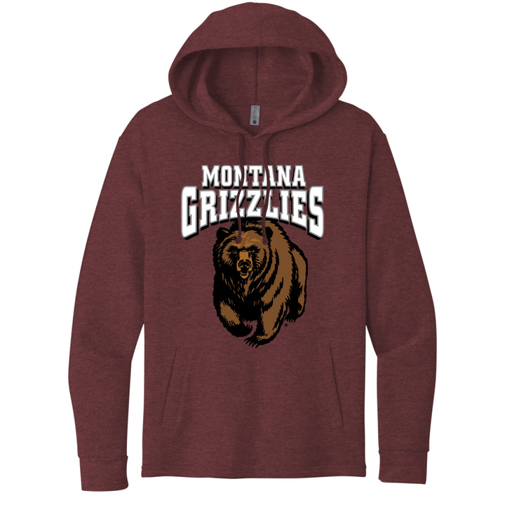 Blue Peak Creative's maroon Pullover Hoodie with University of Montana Grizzlies Charging Bear design, made in Missoula, MT, USA home of the Griz