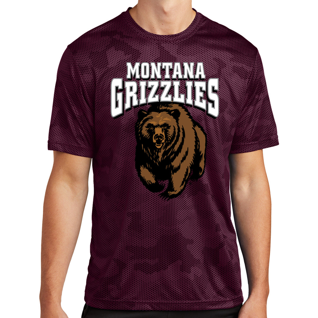 Maroon Montana Grizzlies Charging Bear Performance CamoHex T-shirt made in Missoula, MT (home of the UM Grizzlies) by Blue Peak Creative—a camouflage maroon performance tee printed with the Montana Grizzlies charging bear design