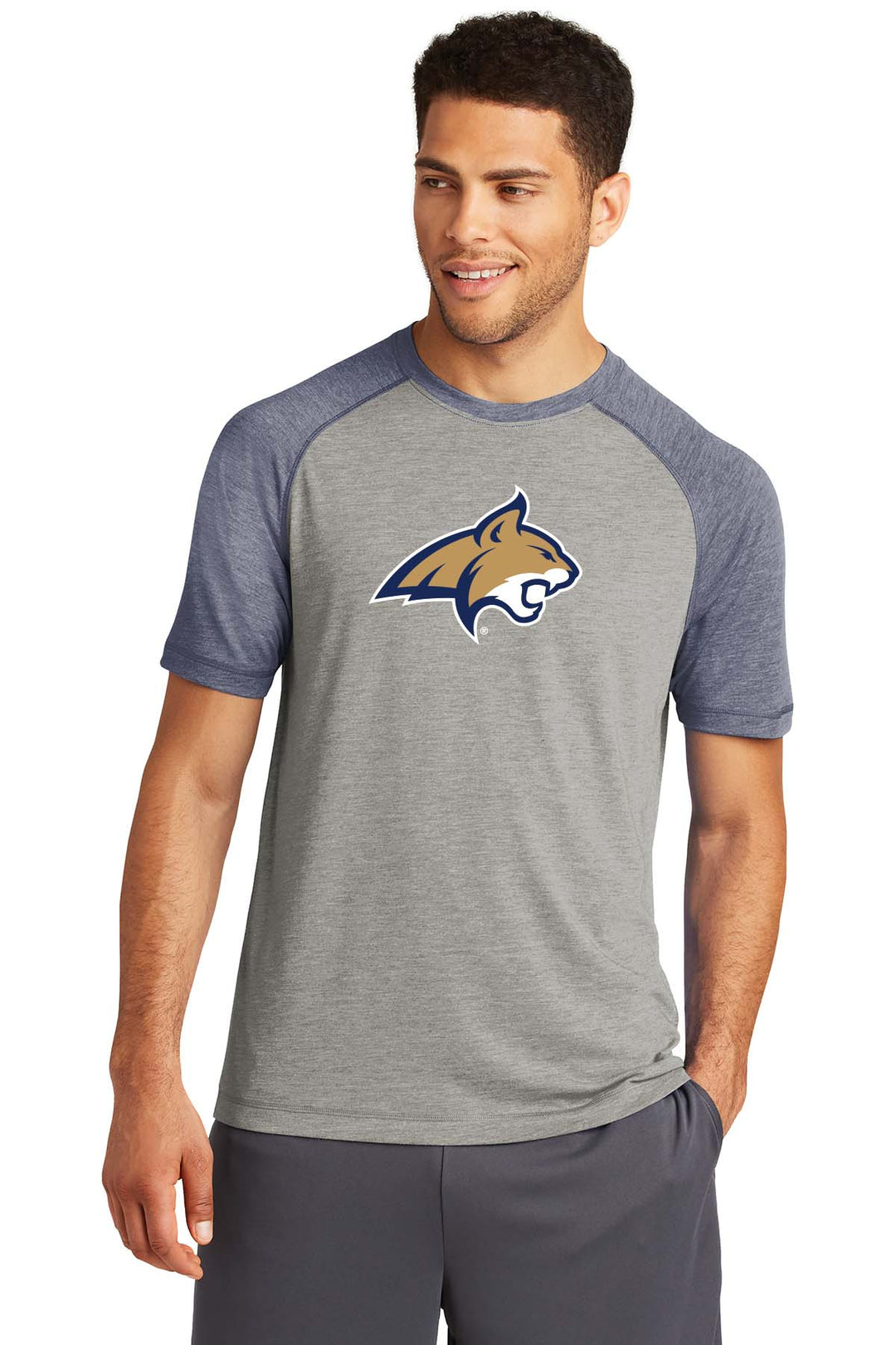 MSU Bobcats Performance T-Shirt by Blue Peak Creative: Features Bobcat Head logo, raglan sleeves, and a poly/cotton/rayon blend. Stylish and comfortable for fans of all ages, made in Montana, USA.
