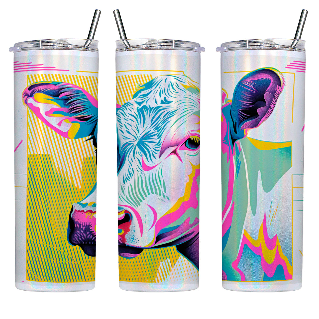 This 20oz shimmer tumbler with a metal straw shows an image from three sides of the vessel. The art is a colorful modern cow design created and printed on the tumbler in Montana, USA by Blue Peak Creative.