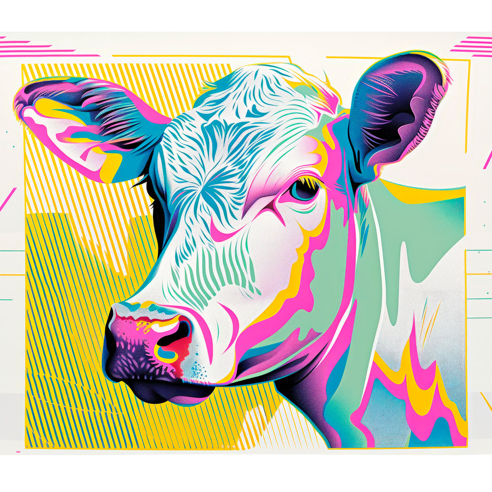 The art for a 20oz shimmer tumbler with a metal straw--a colorful modern cow design created and printed on the tumbler in Montana, USA by Blue Peak Creative.