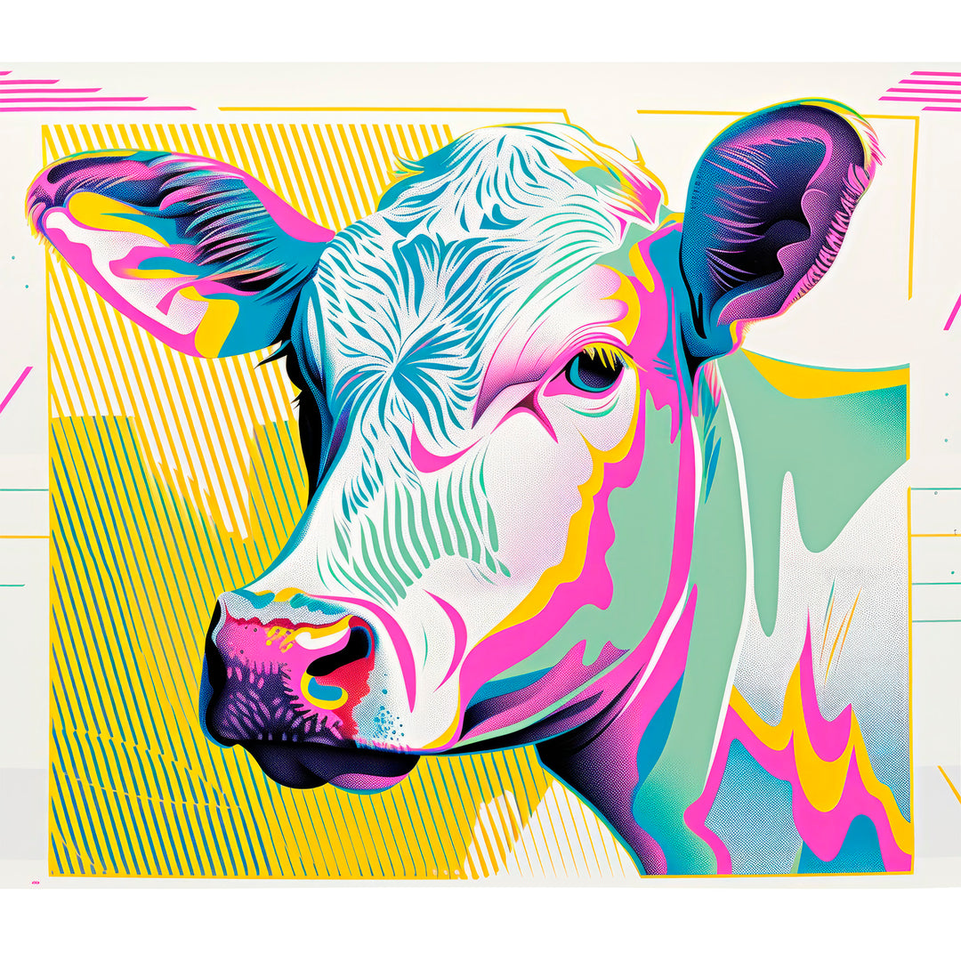 The art for a 20oz shimmer tumbler with a metal straw--a colorful modern cow design created and printed on the tumbler in Montana, USA by Blue Peak Creative.