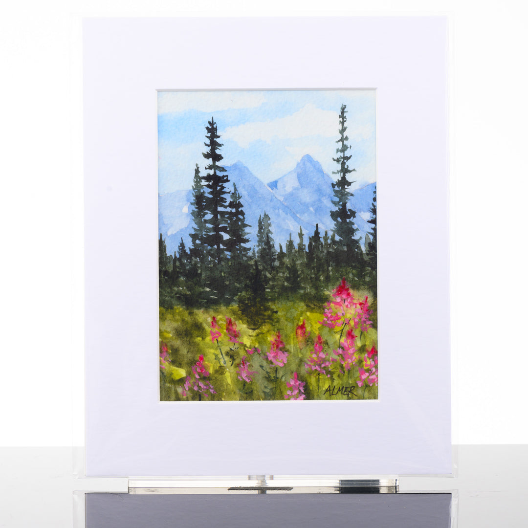 Mountain Fireweed Matted Print, by Stark Mountain Studio - 5x7 print of a Bobbe Almer watercolor painting in a 8x10 mat--a perfect Montana-made gift of nature for art lovers