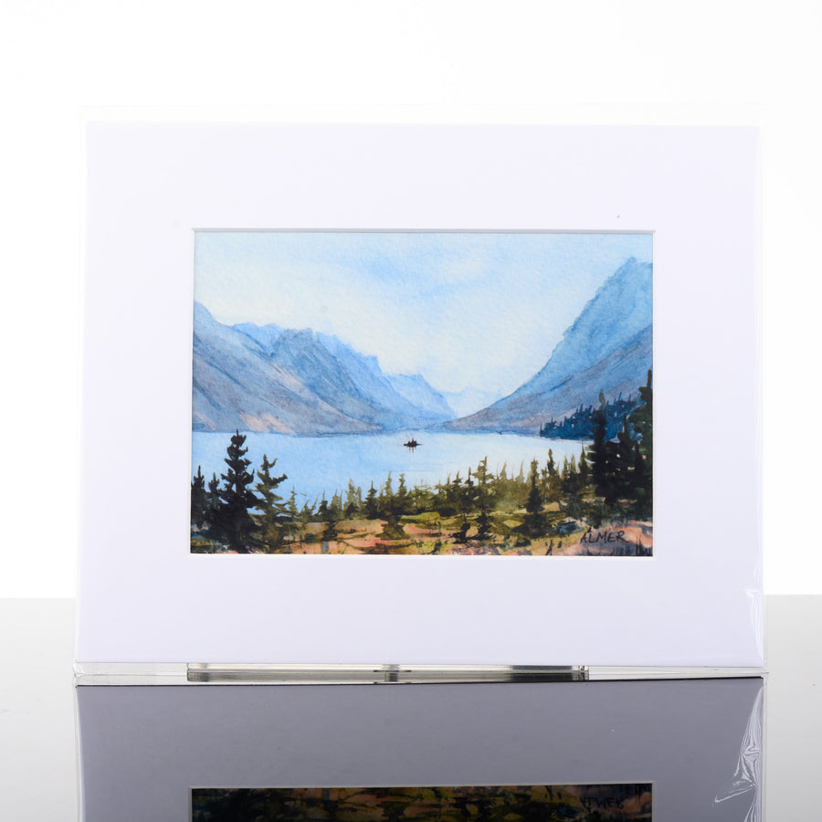 St. Mary Blues Matted Print, by Stark Mountain Studio - 5x7 print of a Bobbe Almer watercolor painting in a 8x10 mat--a perfect Montana-made gift of nature for art lovers