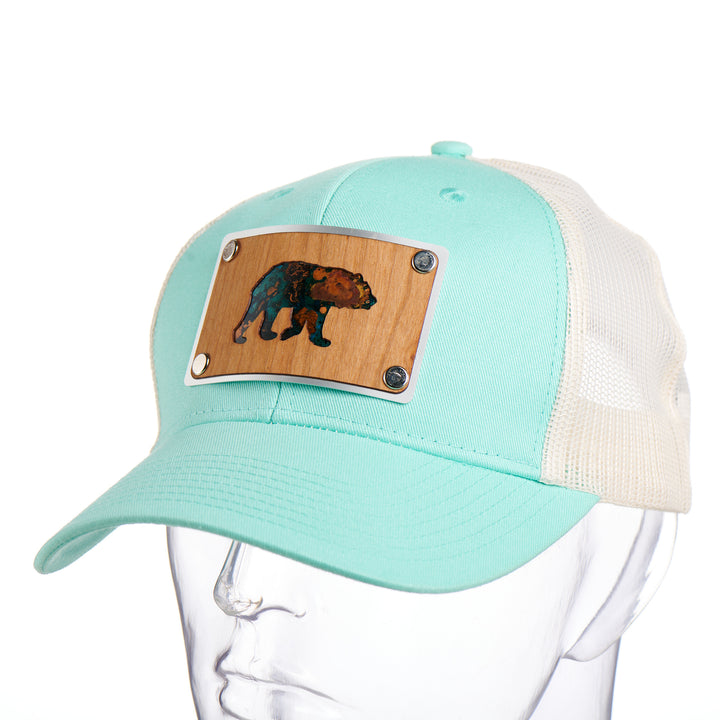Cherry Wood & Teal Copper Bear on Low Profile Teal Trucker Hat
