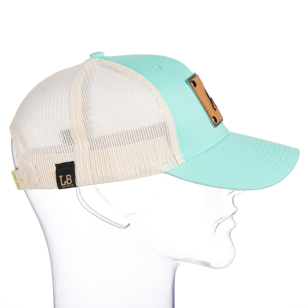 Cherry Wood & Teal Copper Bear on Low Profile Teal Trucker Hat