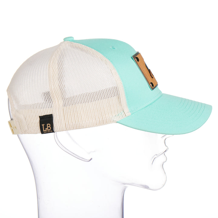 Cherry Wood & Teal Copper Bear on Low Profile Teal Trucker Hat