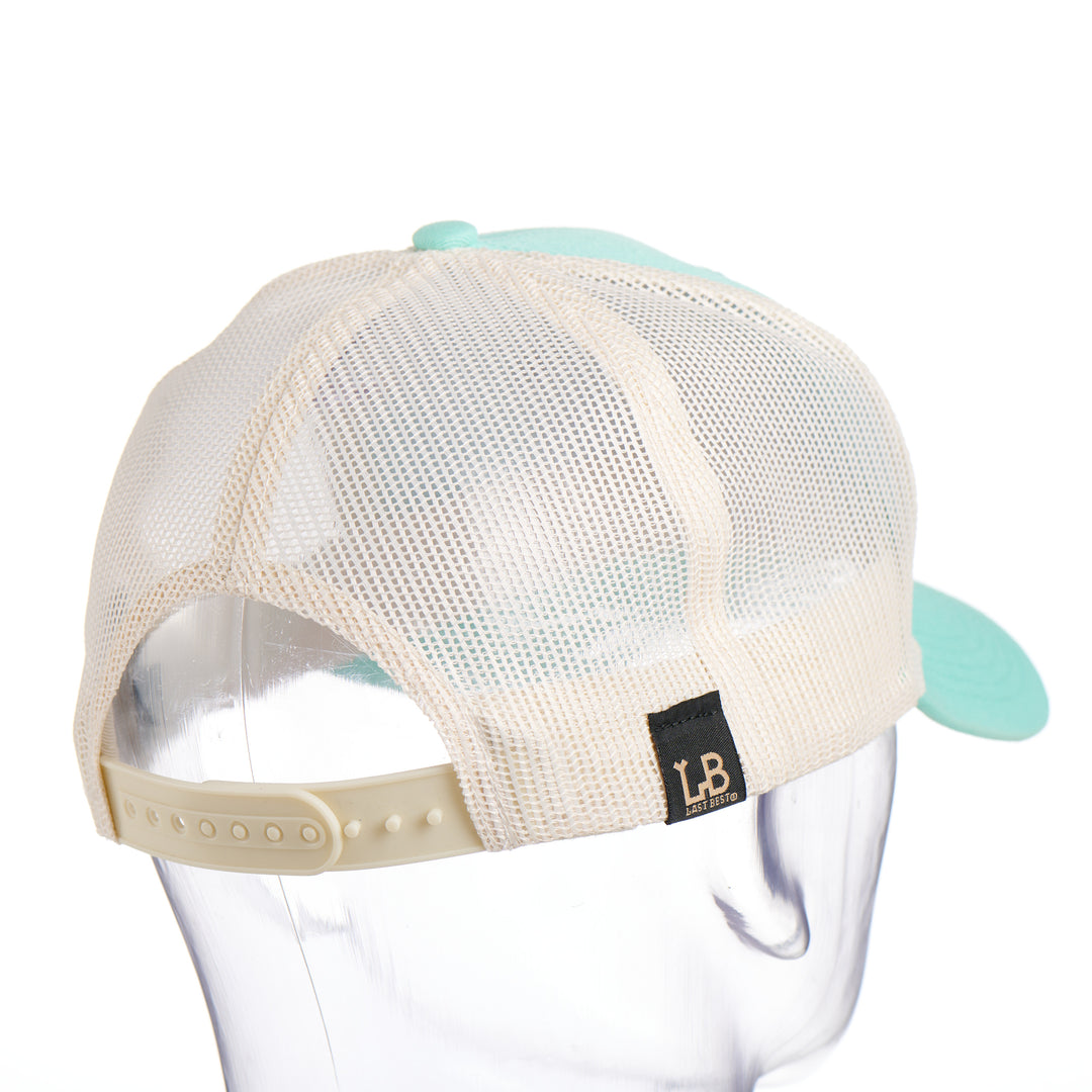 Cherry Wood & Teal Copper Bear on Low Profile Teal Trucker Hat