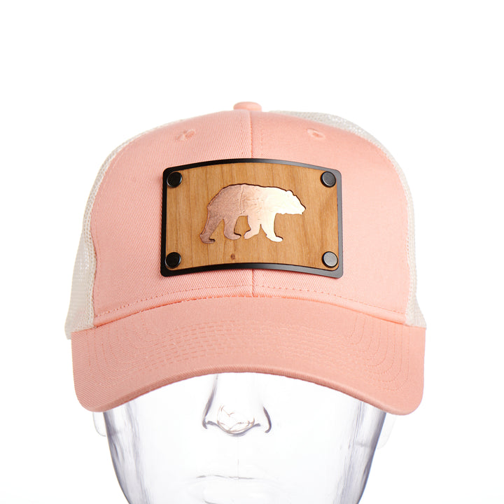 Cherry Wood & Bright Copper Bear Low Profile Peach Trucker Hat