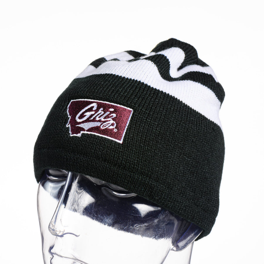 Blue Peaks Creative's Griz Script Montana Fleece-lined Striped Beanie, black and white