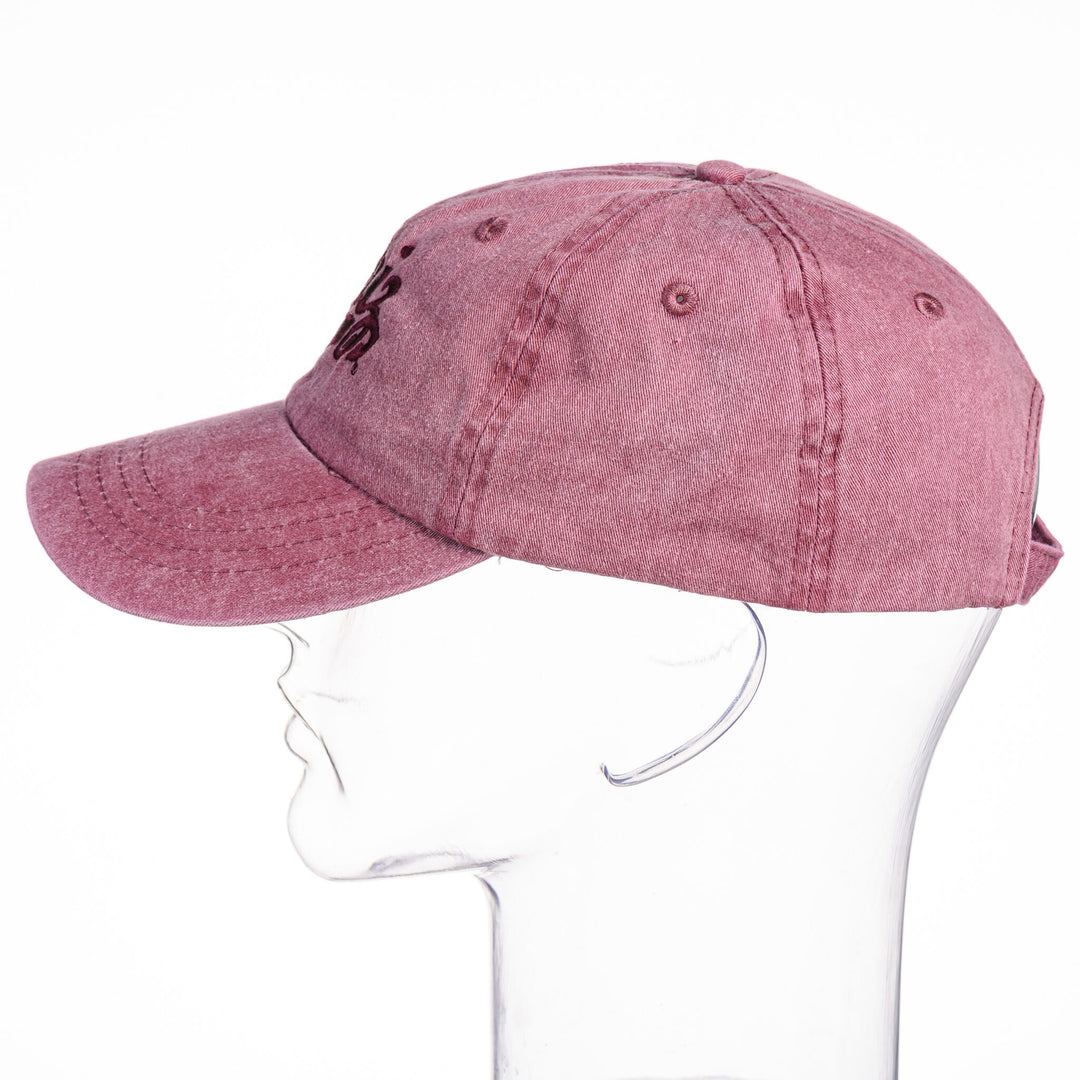Blue Peaks Creative's garment washed maroon Unstructured Hat embroidered with the Griz Script in maroon, side
