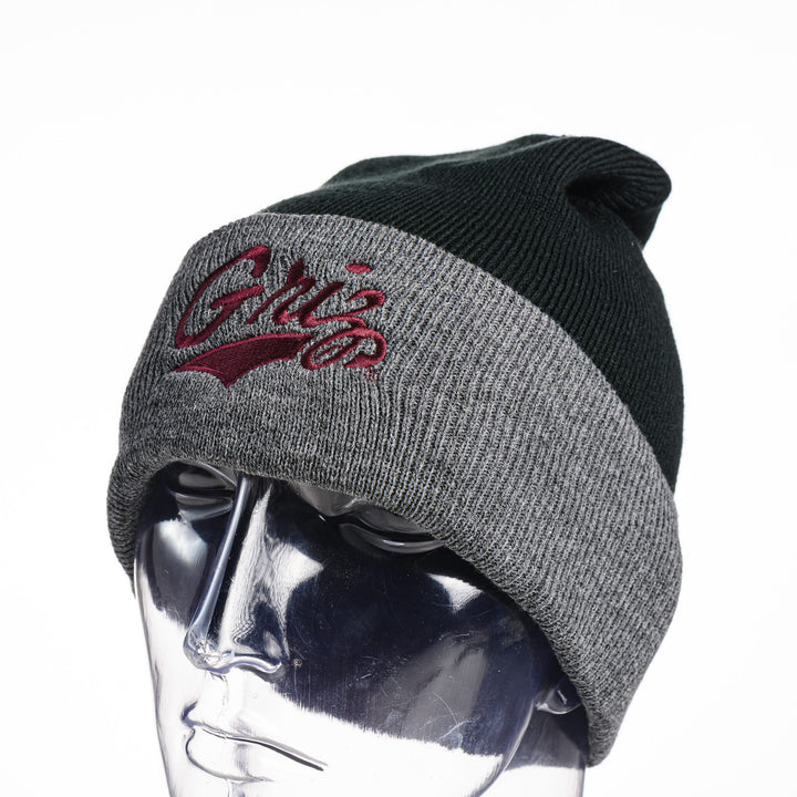 Blue Peaks Creative's black Knit Beanie with grey cuff, embroidered with the Griz Script design in maroon