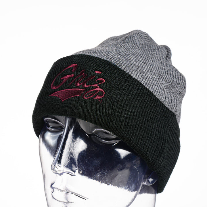 Blue Peaks Creative's grey Knit Beanie with black cuff, embroidered with the Griz Script design in maroon