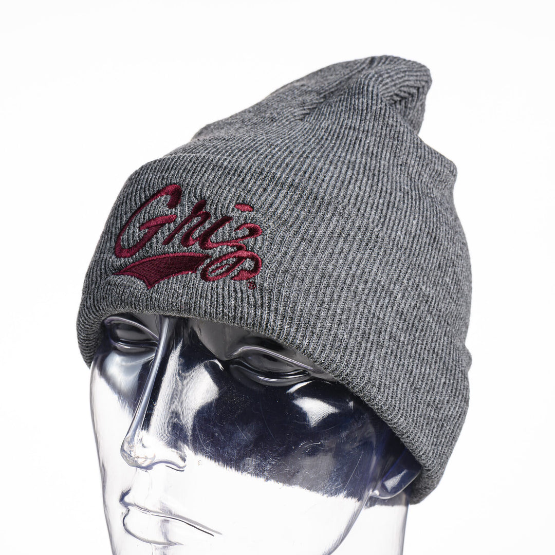 Blue Peaks Creative's grey Knit Beanie embroidered with the Griz Script design in maroon