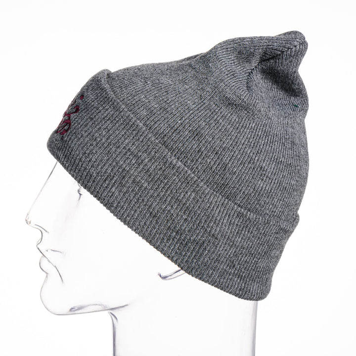 Blue Peaks Creative's grey Knit Beanie embroidered with the Griz Script design in maroon, side
