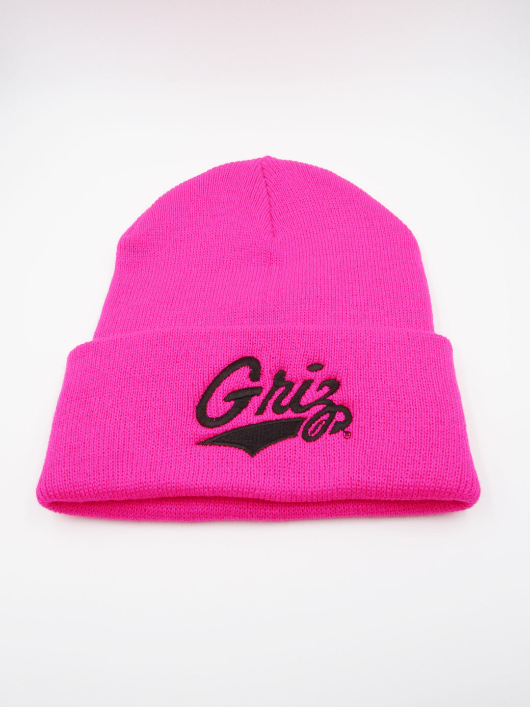 Blue Peaks Creative's pink Knit Beanie embroidered with the Griz Script design in maroon