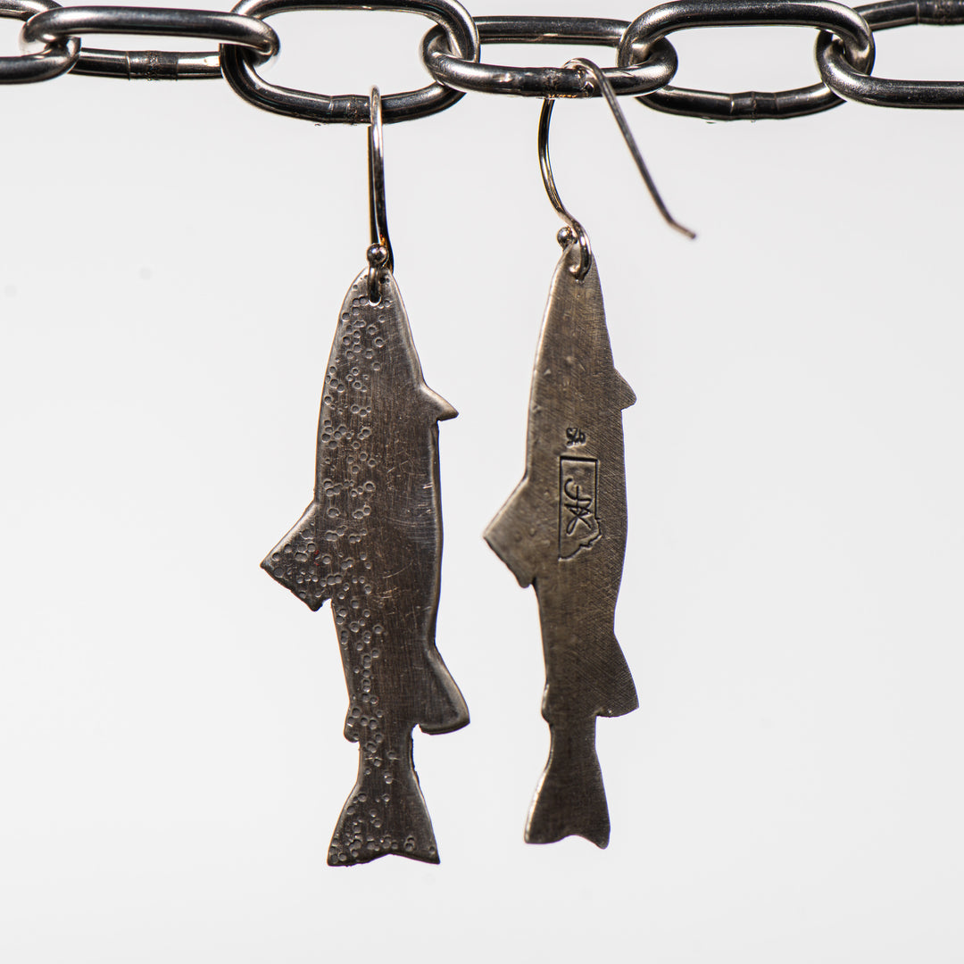 Cobblestone Designs of Montana's Trout Earrings - Sterling Silver fish-shaped dangles handcrafted in Montana