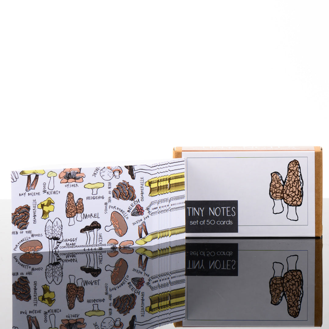 A 50 pack of tiny note cards with cute mushroom drawings, made in Montana by Corvidae.