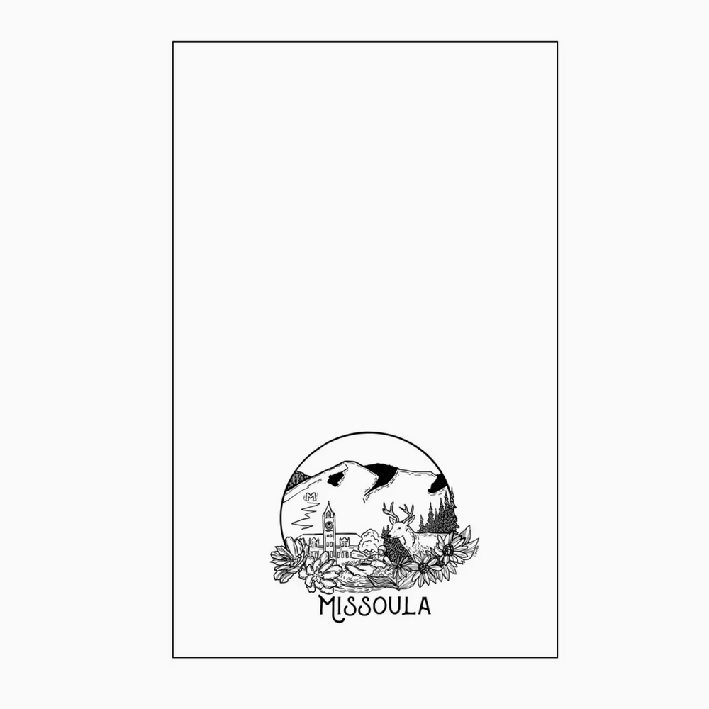 This made in Montana printed tea towel by Corvidae features a black and white drawing of Mount Sentinel, the M, the clock tower, bitterroots and a deer in Missoula Valley.