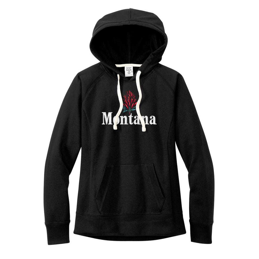 Black Ladies' Re-Fleece Hooded Sweatshirt printed with the Minimal Indian Paintbrush design, by Blue Peak Creative