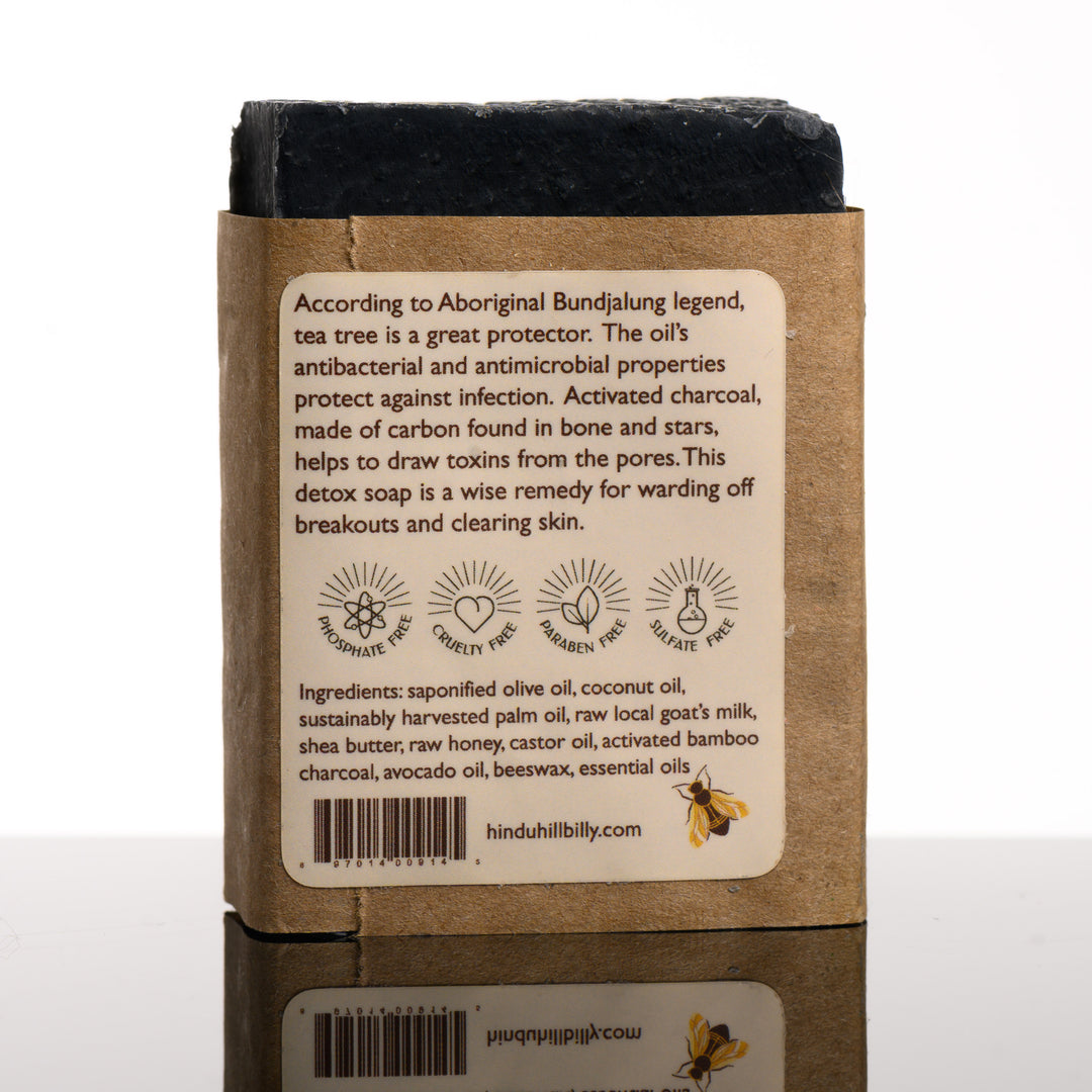 4 oz. bar of Hindu Hillbilly Detox Activated Charcoal & Tea Tree Milk & Honey Soap- handmade in Montana, USA by Hindu Hillbilly