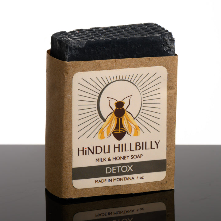 4 oz. bar of Hindu Hillbilly Detox Activated Charcoal & Tea Tree Milk & Honey Soap- handmade in Montana, USA by Hindu Hillbilly