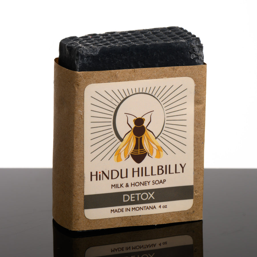 4 oz. bar of Hindu Hillbilly Detox Activated Charcoal & Tea Tree Milk & Honey Soap- handmade in Montana, USA by Hindu Hillbilly