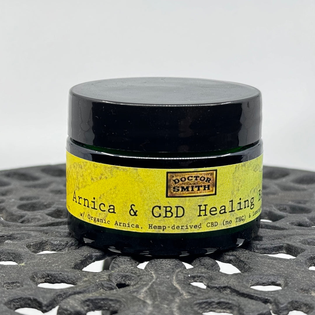 1 oz. jar of Dr. Smith Botanicals Arnica and Hemp Healing Balm (lemongrass), CBD and arnica healing balm handcrafted in small batches in Montana, USA