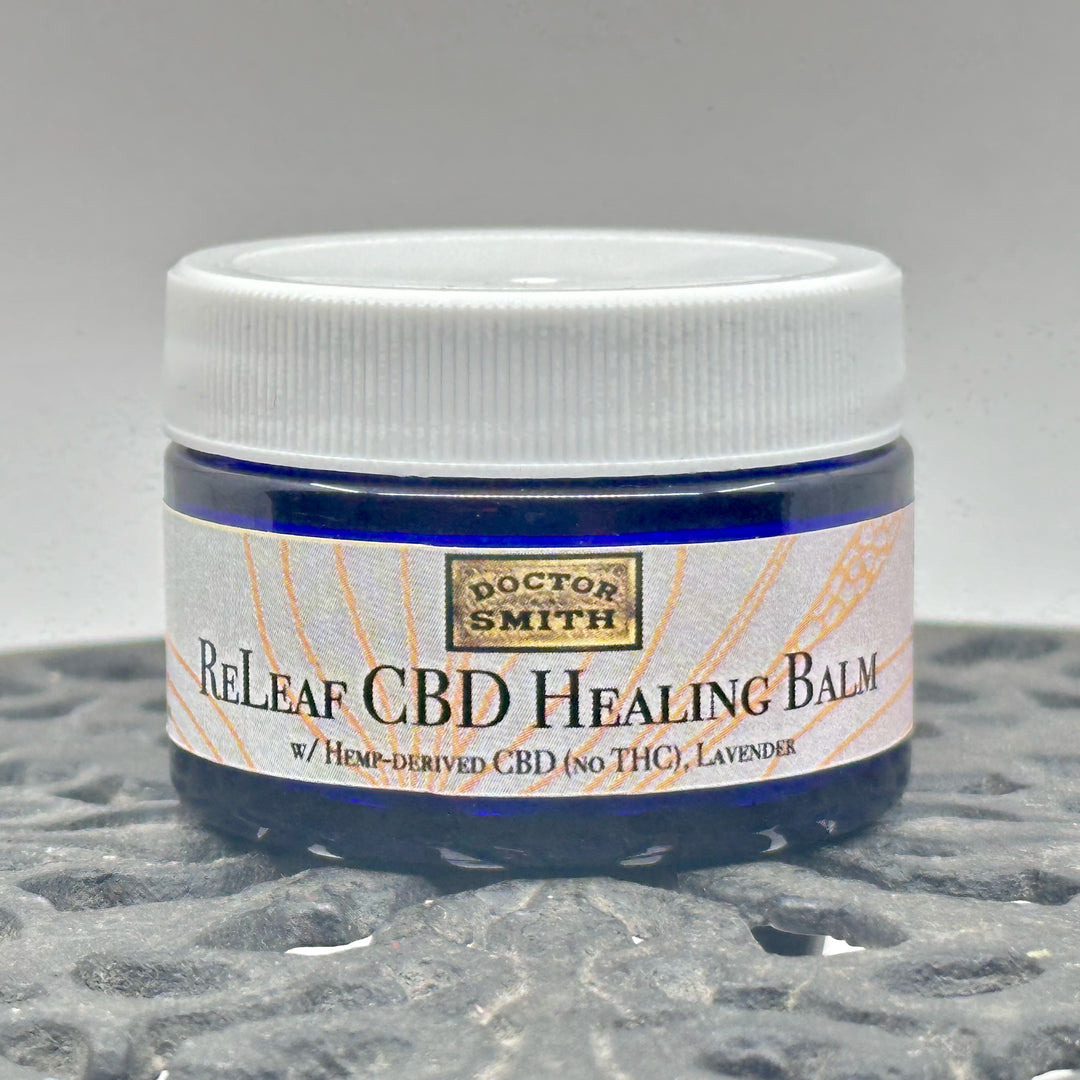 1 oz. jar of Dr. Smith Botanicals Lavender ReLeaf Hemp Healing Balm, CBD healing balm handcrafted in small batches in Montana, USA