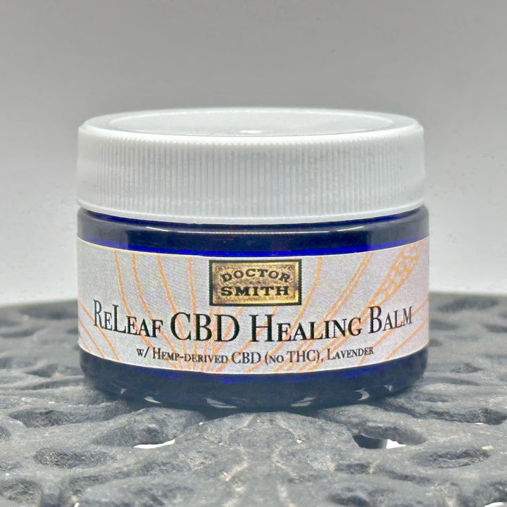 1 oz. jar of Dr. Smith Botanicals Lavender ReLeaf Hemp Healing Balm, CBD healing balm handcrafted in small batches in Montana, USA