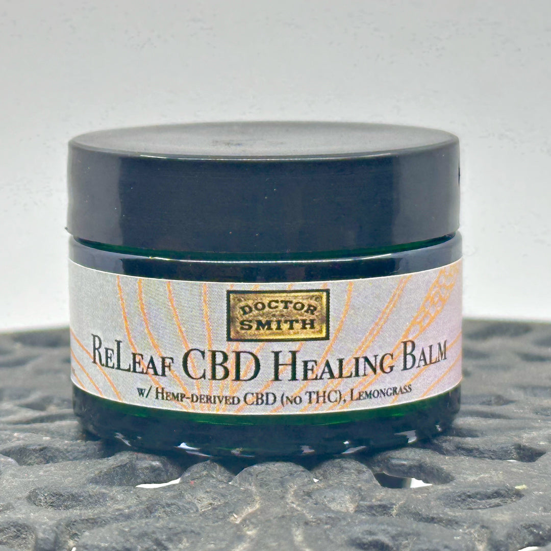 1 oz. jar of Dr. Smith Botanicals Lemongrass ReLeaf Hemp Healing Balm, CBD healing balm handcrafted in small batches in Montana, USA