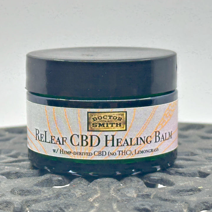 1 oz. jar of Dr. Smith Botanicals Lemongrass ReLeaf Hemp Healing Balm, CBD healing balm handcrafted in small batches in Montana, USA