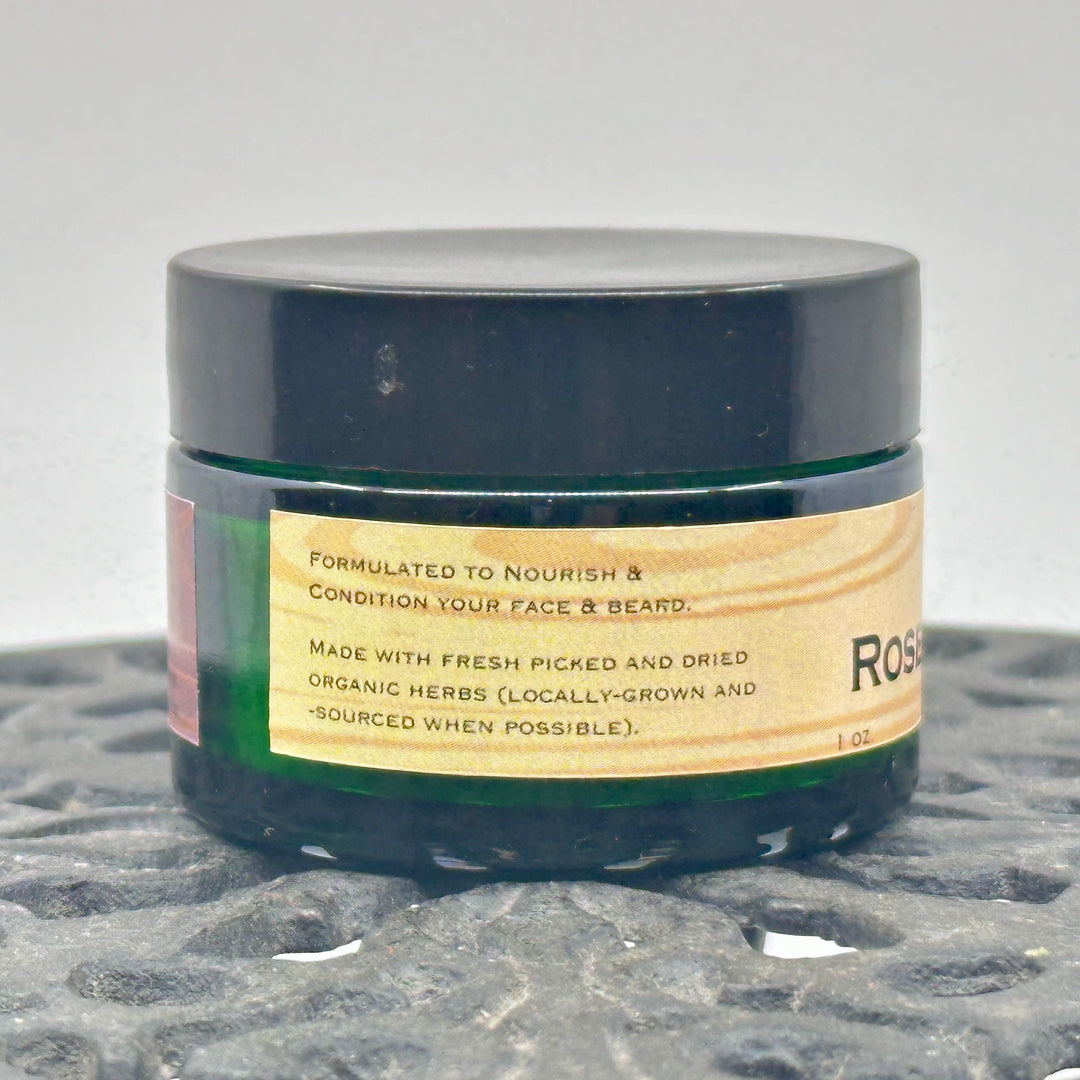 1 oz. jar of Rosehip Oil Beard Balm, handcrafted in Montana by Dr. Smith Botanicals, cedar wood & bergamot, description
