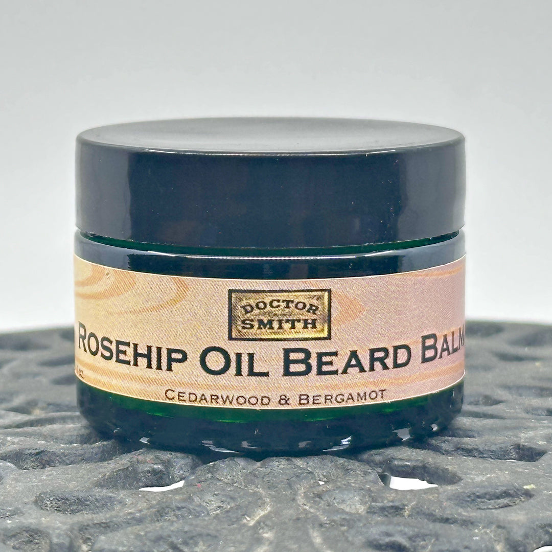 1 oz. jar of Rosehip Oil Beard Balm, handcrafted in Montana by Dr. Smith Botanicals, cedar wood & bergamot, front