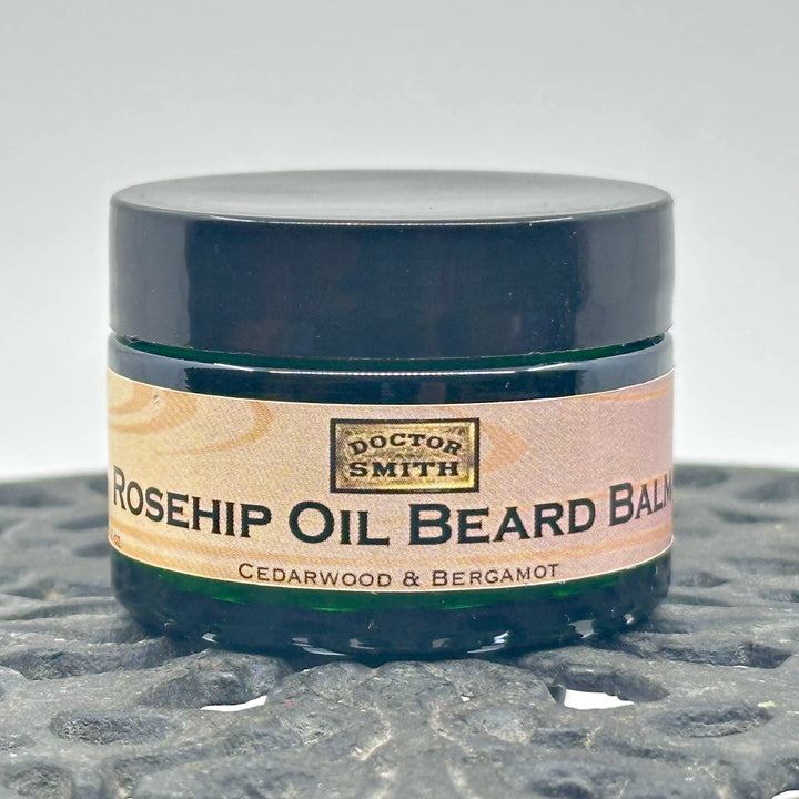 1 oz. jar of Rosehip Oil Beard Balm, handcrafted in Montana by Dr. Smith Botanicals, cedar wood & bergamot, front