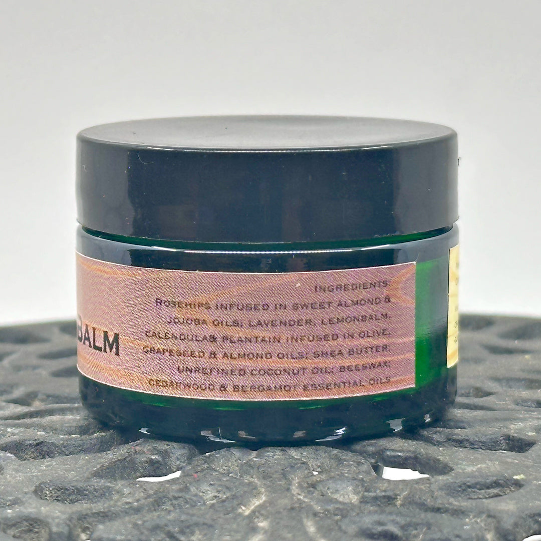 1 oz. jar of Rosehip Oil Beard Balm, handcrafted in Montana by Dr. Smith Botanicals, cedar wood & bergamot, ingredients