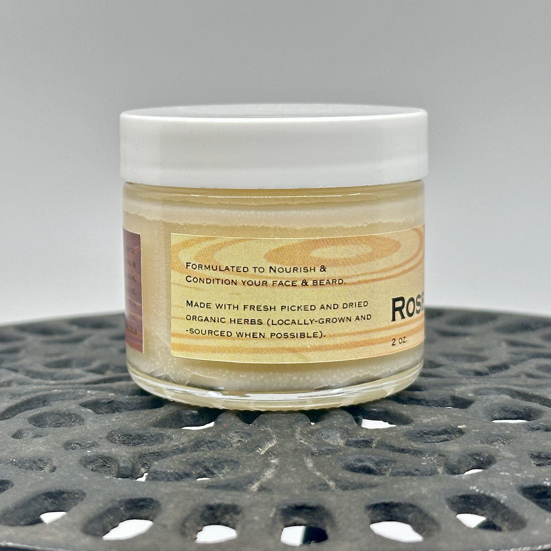 2 oz. jar of Rosehip Oil Beard Balm, handcrafted in Montana by Dr. Smith Botanicals, cedar wood & bergamot, description